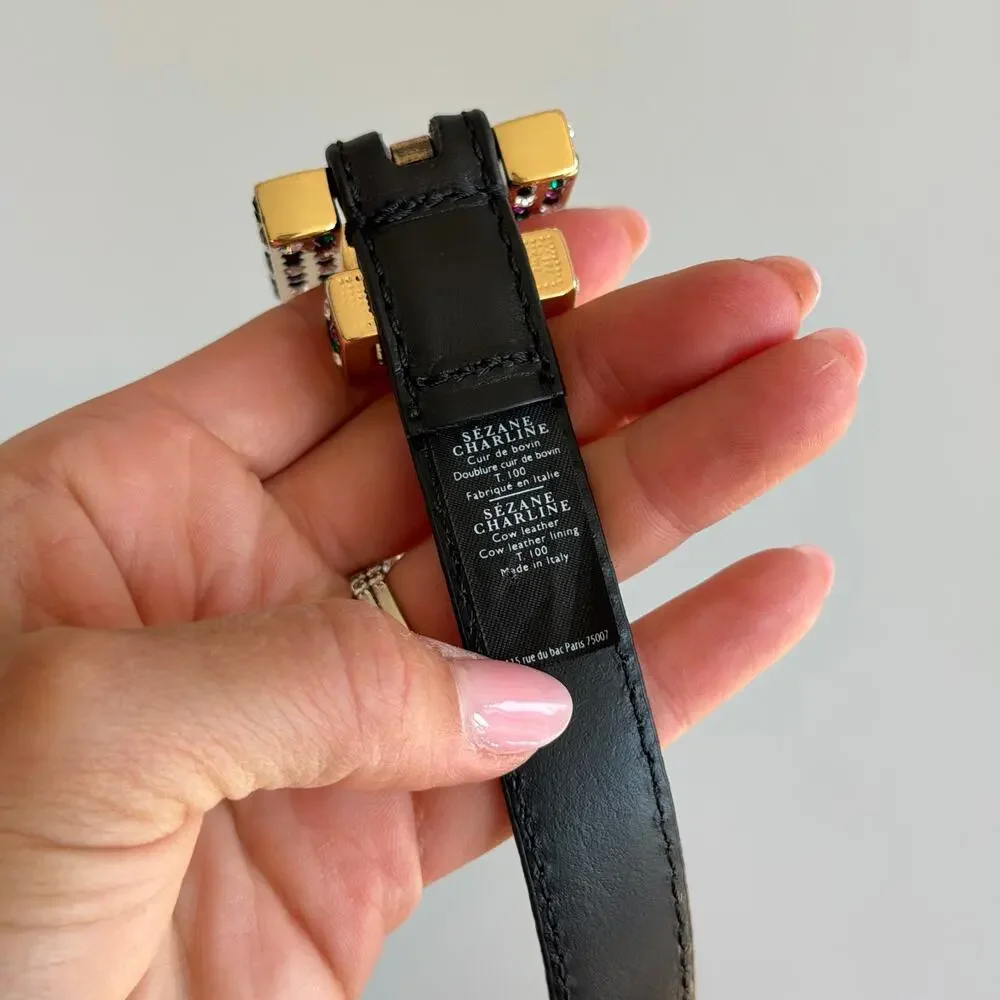 Sezane Charline Cow Leather Multicolor Crystal Gold Buckle Belt Black